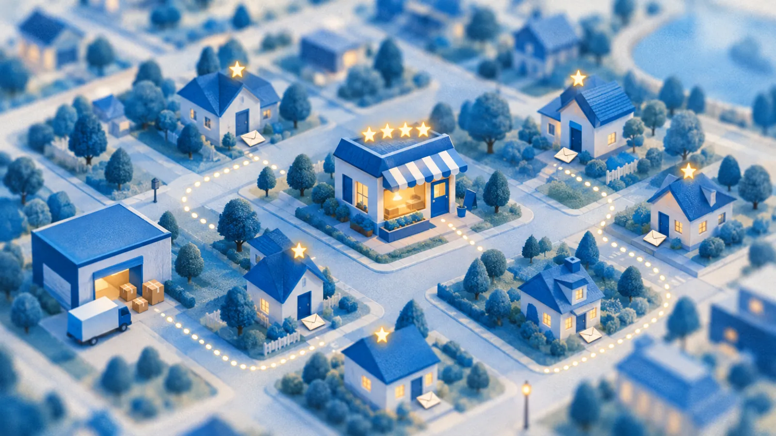 Maquete de bairro com rota de entrega, envelopes nas portas e estrelas sobre a loja, o convite de avaliação na Yampi