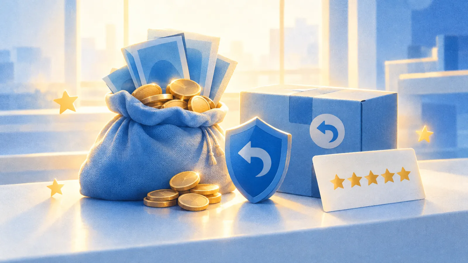 Saco de moedas e cédulas sem valor ao lado de um escudo, de uma caixa com seta de troca e de estrelas