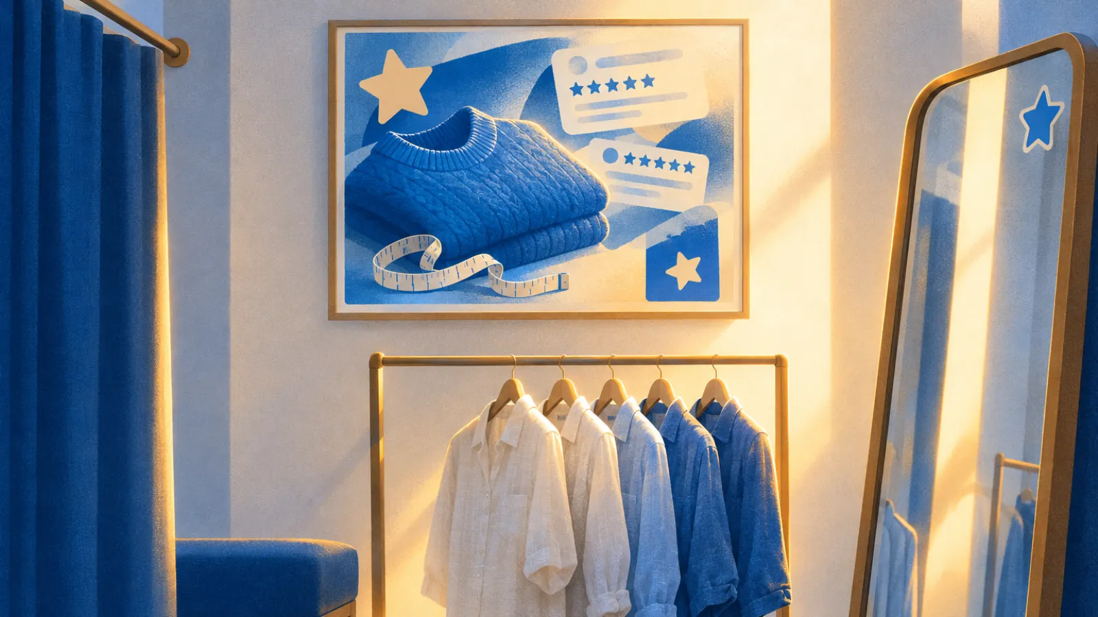 Pôster com suéter, fita métrica e cards de estrelas na parede do provador de uma loja de roupas