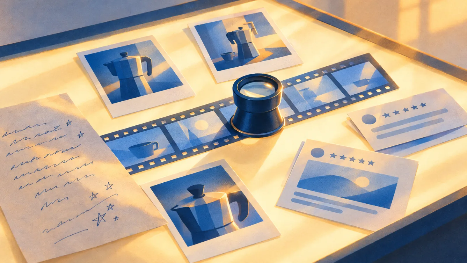 Mesa de luz com quadros de vídeo, fotos de uma cafeteira, um bilhete com rabiscos e uma lupa