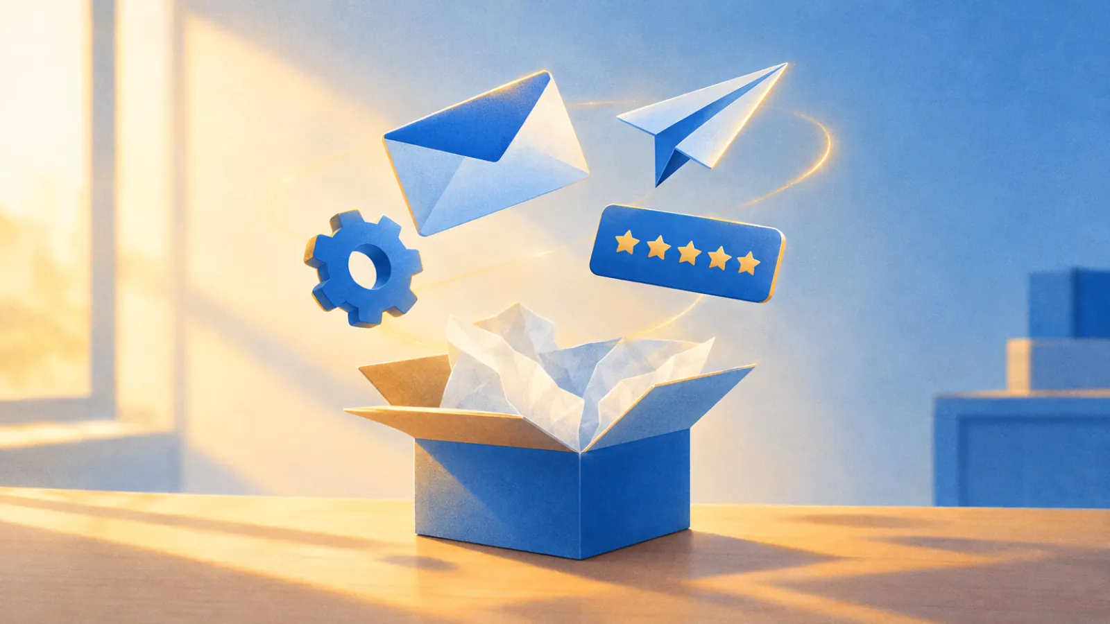 Envelope, avião de papel, engrenagem e card de estrelas flutuando sobre uma caixa aberta na mesa