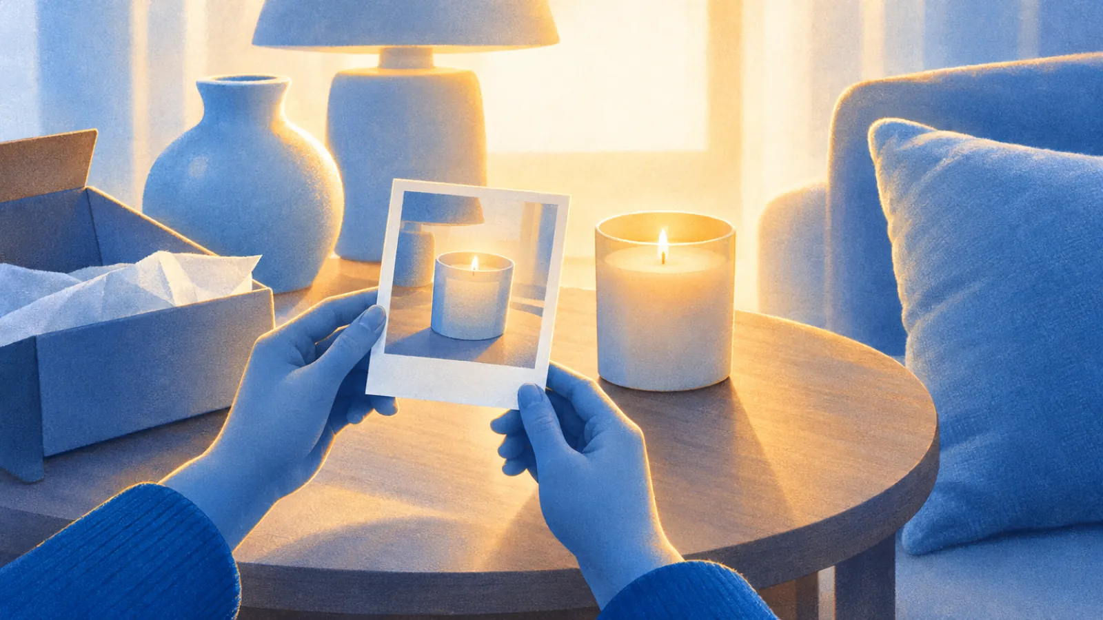 Mãos comparando a foto instantânea de uma vela com a vela real sobre a mesa, ao lado de uma caixa aberta