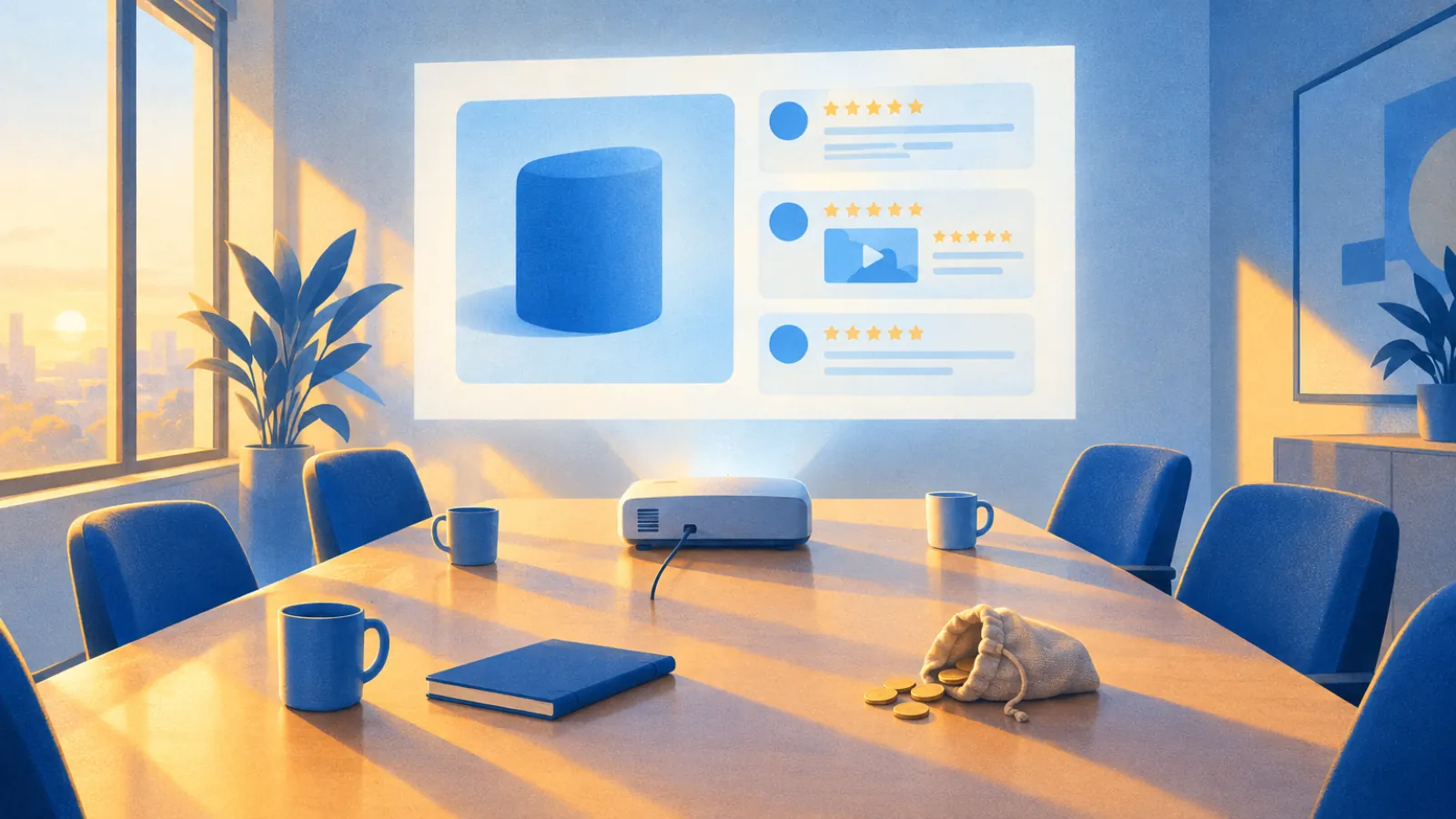 Sala de reunião vazia com projetor mostrando cartões de estrelas, como o widget na página de produto da Nuvemshop