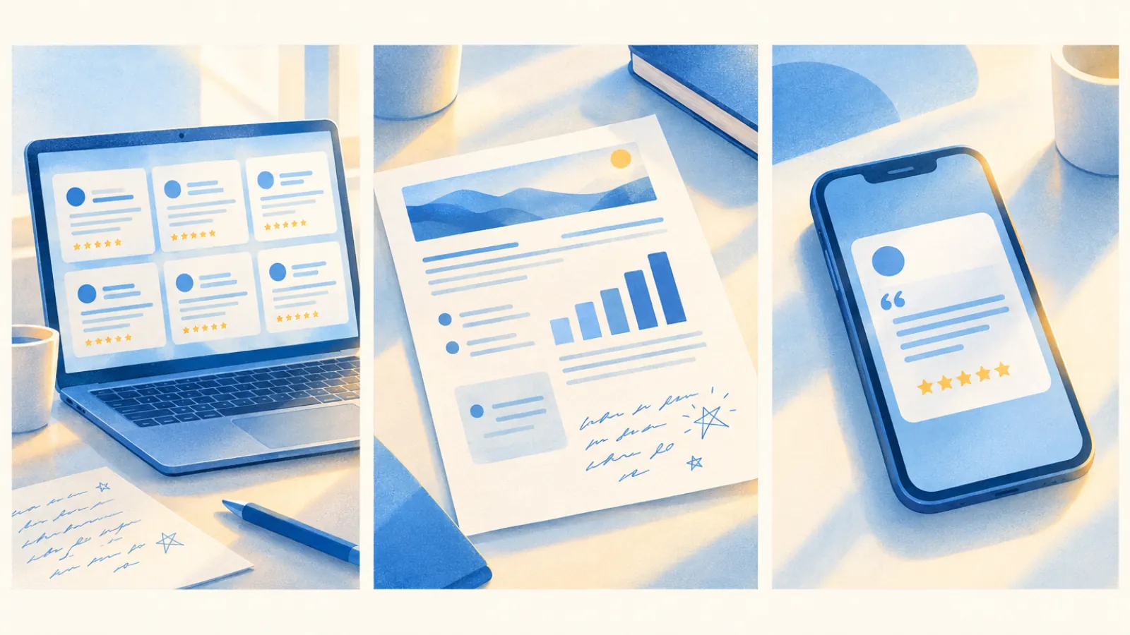 Três quadros: notebook com mural de depoimentos, folha de estudo de caso e celular com card de estrelas