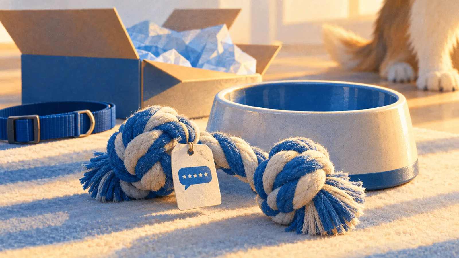 Brinquedo de corda para cachorro com etiqueta de balão e cinco estrelas, ao lado de uma caixa aberta
