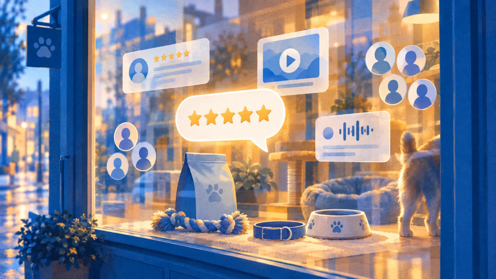 Vitrine com cartões de estrelas, vídeo, áudio e avatares refletidos: prova social para comunidade de membros
