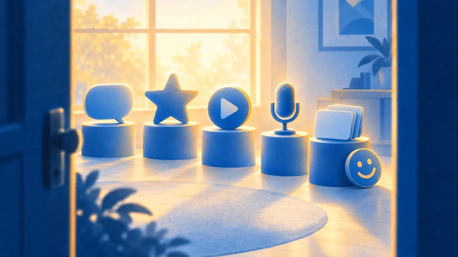 Cinco pedestais com balão, estrela, play, microfone e cartões vistos por uma porta: prova social em cada etapa