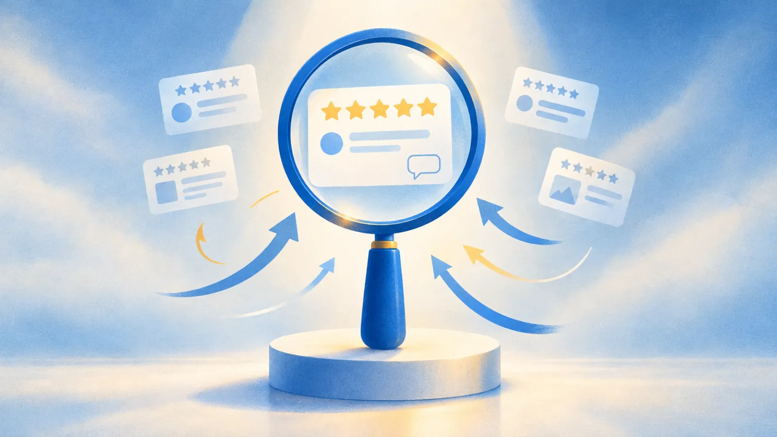 Lupa grande num pedestal examinando um card de avaliação com cinco estrelas, cercada de setas e outros cards