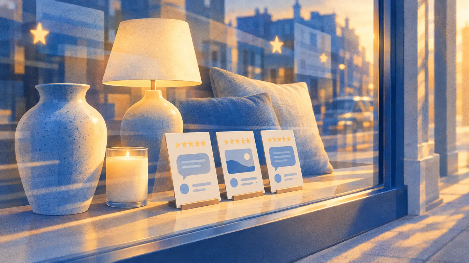 Vitrine de decoração com três cards de estrelas ao lado de um vaso e de uma luminária, refletindo a rua